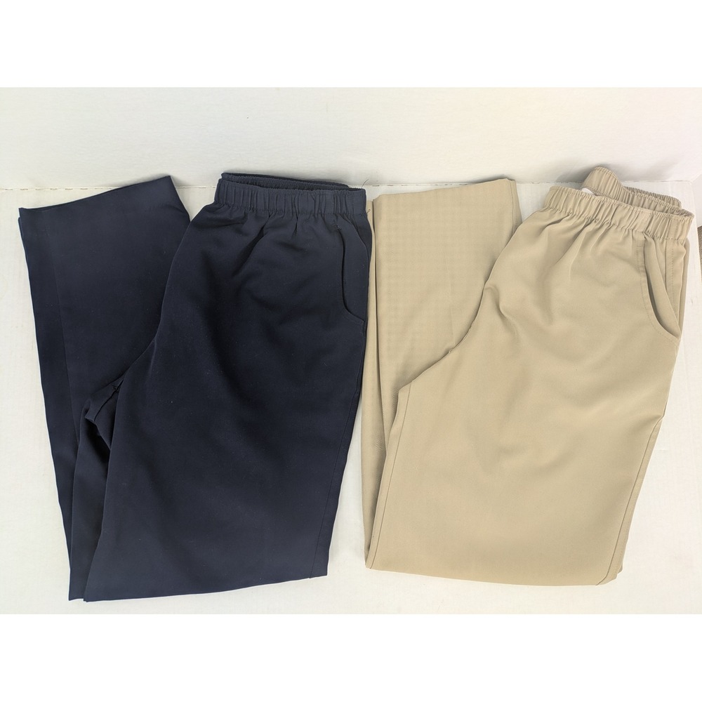 Alia Pull On Pants Women 12 Navy Tan Lot 2 Elastic Waist Straight Leg Uniform